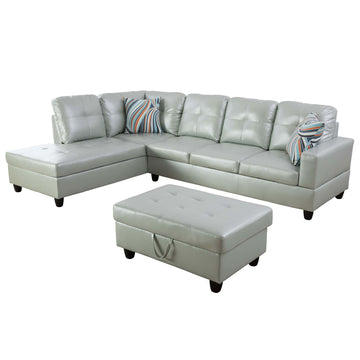 Premium Semi PU Upholstered Sofa Solid Wood Frame Double Spring with Left Chaise Lounge, Light Gray