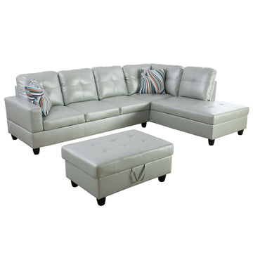 Premium Semi PU Upholstered Sofa Solid Wood Frame Double Spring with Right Chaise Lounge, Light Gray