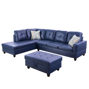 Premium Semi PU Upholstered Sofa Solid Wood Frame Double Spring with Left Chaise Lounge, Royal Blue