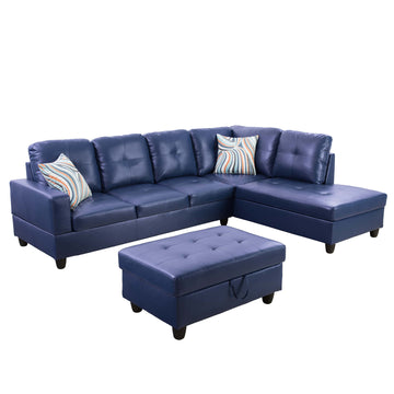 Premium Semi PU Upholstered Sofa Solid Wood Frame Double Spring with Right Chaise Lounge, Royal Blue