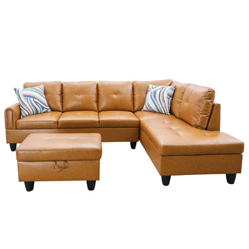 Premium Semi PU Upholstered Sofa Solid Wood Frame Double Spring with Right Chaise Lounge, Camel