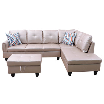 Premium Semi PU Upholstered Sofa Solid Wood Frame Double Spring with Right Chaise Lounge, Taupe
