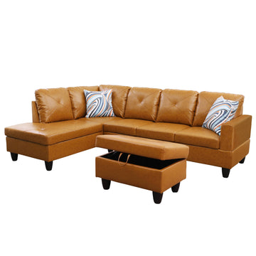 Premium Semi PU Upholstered Sofa Solid Wood Frame Double Spring with Left Chaise Lounge, Caramel Brown