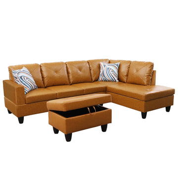 Premium Semi PU Upholstered Sofa Solid Wood Frame Double Spring with Right Chaise Lounge, Caramel Brown