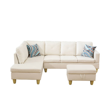 Premium Semi PU Upholstered Sofa Solid Wood Frame Double Spring with Left Chaise Lounge, Cream