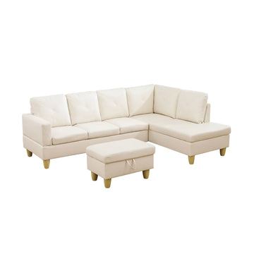 Premium Semi PU Upholstered Sofa Solid Wood Frame Double Spring with Right Chaise Lounge, Cream