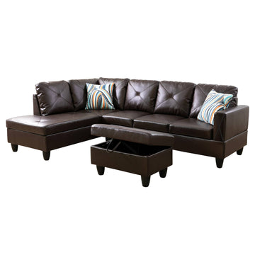 Premium Semi PU Upholstered Sofa Solid Wood Frame Double Spring with Left Chaise Lounge, Dark Brown