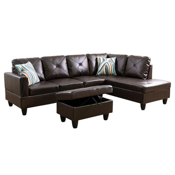 Premium Semi PU Upholstered Sofa Solid Wood Frame Double Spring with Right Chaise Lounge, Dark Brown
