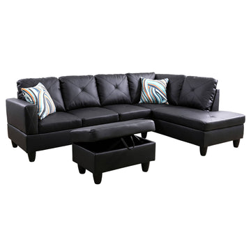 Premium Semi PU Upholstered Sofa Solid Wood Frame Double Spring with Right Chaise Lounge, Black