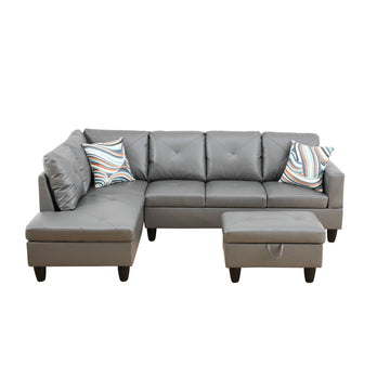 Premium Semi PU Upholstered Sofa Solid Wood Frame Double Spring with Left Chaise Lounge, Gray