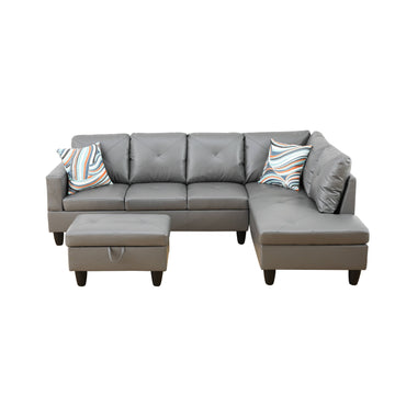 Premium Semi PU Upholstered Sofa Solid Wood Frame Double Spring with Right Chaise Lounge, Gray