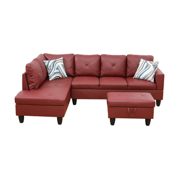 Premium Semi PU Upholstered Sofa Solid Wood Frame Double Spring with Left Chaise Lounge, Brick Red