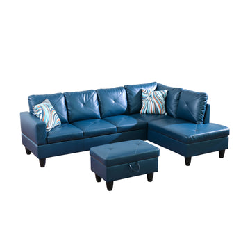 Premium Semi PU Upholstered Sofa Solid Wood Frame Double Spring with Right Chaise Lounge, Teal Blue