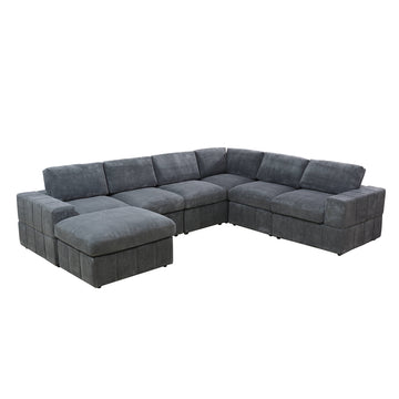Living Room Corduroy Modular Sectional Sofa Large U Shaped 7 Piece Set with Storage Ottoman, Charcoal Gray