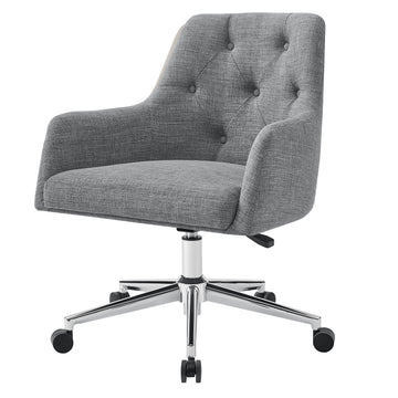 Grey Button-Tufted Office Chair with Swivel Base and Wheels, Upholstered Linen Task Chair
