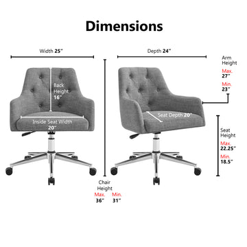 Grey Button-Tufted Office Chair with Swivel Base and Wheels, Upholstered Linen Task Chair