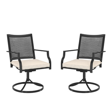 Outdoor Metal Swivel Chairs Set of 2 Patio Dining Chair with Cushion Furniture Set for Garden Backyard Bistro, Small Grid, Black