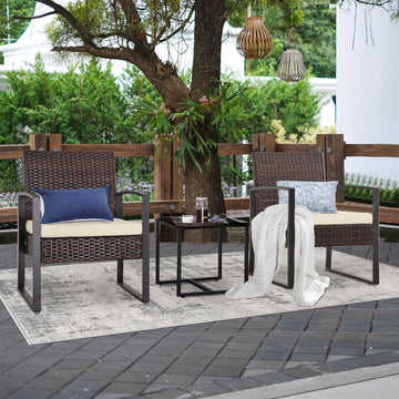 Beige Brown 3-Piece Set Outdoor Patio Patio Set with 2 chairs and 1 coffee table