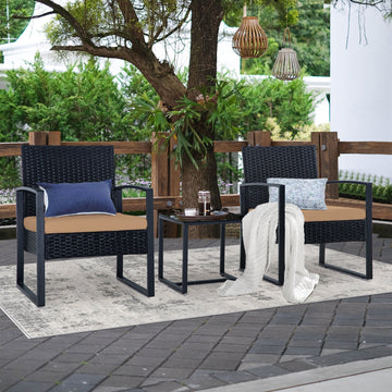 Brown Black 3-Piece Set Outdoor Patio Patio Set with 2 chairs and 1 coffee table