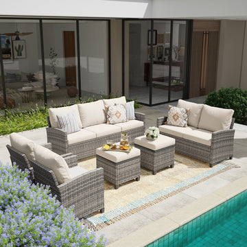 5 Piece PE Rattan Patio Seating Set Beige with Sofa and Ottomans