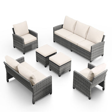 5 Piece PE Rattan Patio Seating Set Beige with Sofa and Ottomans