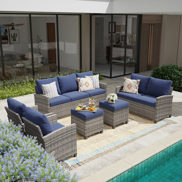 5 Piece PE Rattan Patio Seating Set Blue with Sofa and Ottomans