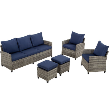 5 Piece PE Rattan Patio Seating Set Blue with Sofa and Ottomans