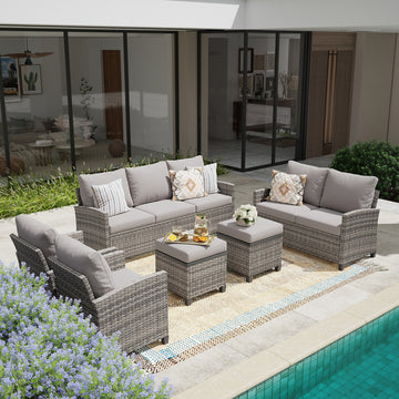 5 Piece PE Rattan Patio Seating Set Gray with Sofa and Ottomans