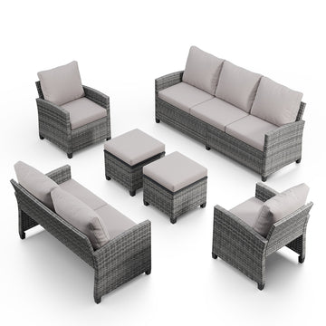 5 Piece PE Rattan Patio Seating Set Gray with Sofa and Ottomans