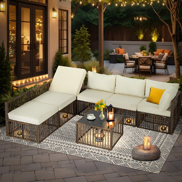 7 Piece Modular PE Rattan Patio Sectional Set Brown with Coffee Table