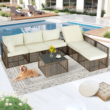 7 Piece Modular PE Rattan Patio Sectional Set Brown with Coffee Table