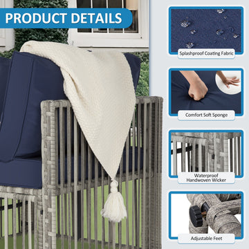 7 Piece Modular PE Rattan Patio Sectional Set Blue with Coffee Table