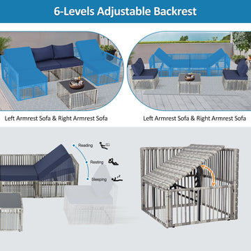 7 Piece Modular PE Rattan Patio Sectional Set Blue with Coffee Table