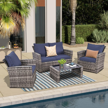 4 Piece PE Rattan Patio Loveseat Set Black for Outdoor Use