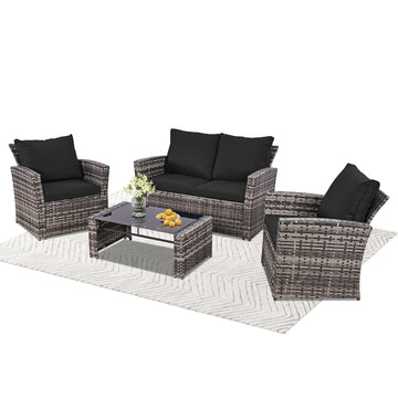 4 Piece PE Rattan Patio Loveseat Set Black for Outdoor Use
