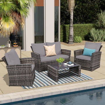 4 Piece PE Rattan Patio Loveseat Set Gray for Outdoor Use