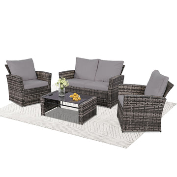 4 Piece PE Rattan Patio Loveseat Set Gray for Outdoor Use