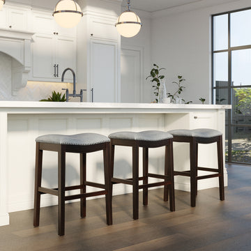 31 Inch Bar Height Solid Wood Barstool with Gray Faux Leather Seat and Footrest