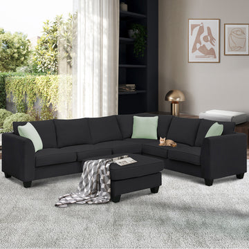 7 Seat Black Modular Sectional Sofa with Ottoman High Density Foam Sturdy Iron Frame