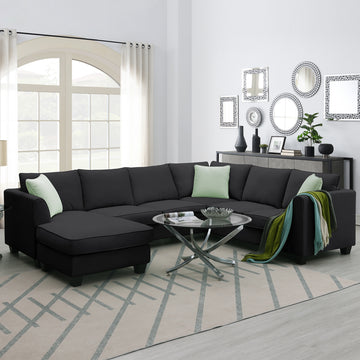 7 Seat Black Modular Sectional Sofa with Ottoman High Density Foam Sturdy Iron Frame