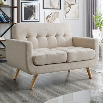 Linen Button Tufted Loveseat with Solid Wood Legs