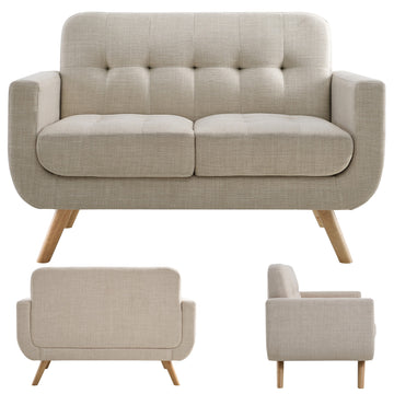 Linen Button Tufted Loveseat with Solid Wood Legs