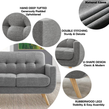 Linen Button Tufted Loveseat with Solid Wood Legs