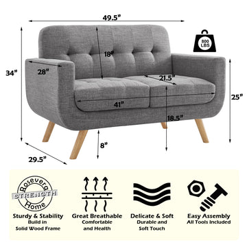 Linen Button Tufted Loveseat with Solid Wood Legs