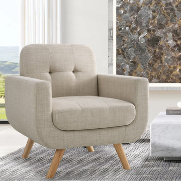 Linen Button Accent Chair with Solid Wood Legs