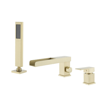 Waterfall Roman Tub Faucet with Hand Shower,Deck Mount Black Bathtub Faucets Brass Tub Filler Bathroom Faucets with Hand Shower, Brushed Gold