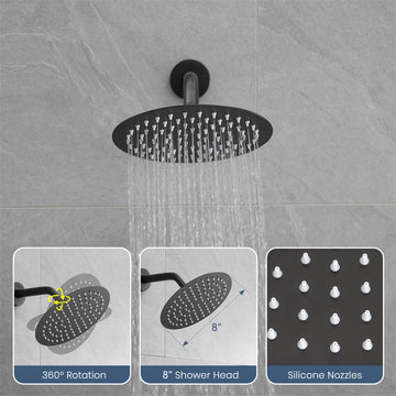 Black Concealed Shower Faucet Set 8Inch 304 Rainfall Head Copper Body Zinc Alloy Handle