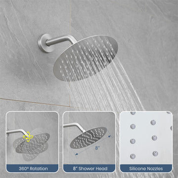 Brushed Nickel Concealed Shower Faucet Set 8Inch 304 Rainfall Head Copper Body Zinc Alloy Handle