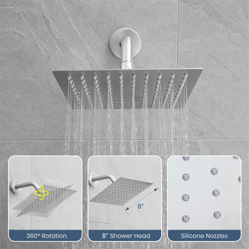 Brushed Nickel Concealed Shower Faucet Set 8Inch 304 High Pressure Rain Head Copper Body 350000 Cartridge