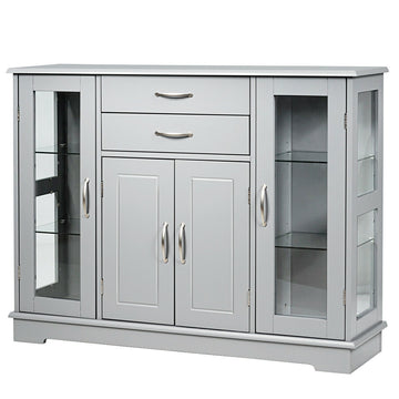 Gray Sideboard Buffet Server Storage Cabinet with Glass Doors and 2 Drawers